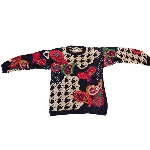 VTG 80s Sweater Knitting Needles Sz L Houndstooth Paisley Sweater Navy - Picture 1 of 8